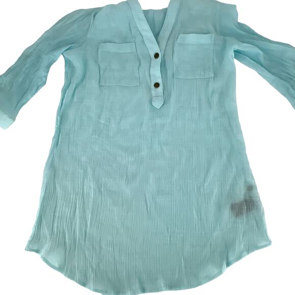 Iz Byer Henley Gauzy Crepe Tunic Top Blouse 3/4 Roll Tab Sleeve Light Blue XL - Picture 5 of 15